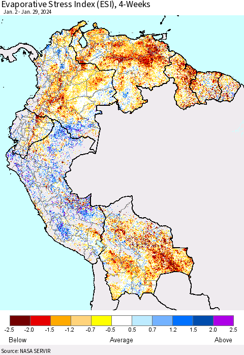 Northern South America Evaporative Stress Index (ESI), 4-Weeks Thematic Map For 1/29/2024 - 2/4/2024