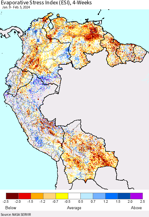 Northern South America Evaporative Stress Index (ESI), 4-Weeks Thematic Map For 2/5/2024 - 2/11/2024