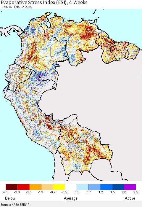 Northern South America Evaporative Stress Index (ESI), 4-Weeks Thematic Map For 2/12/2024 - 2/18/2024