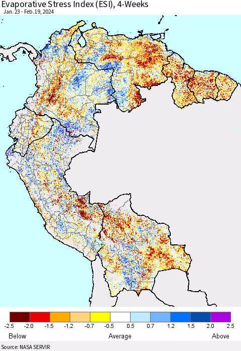 Northern South America Evaporative Stress Index (ESI), 4-Weeks Thematic Map For 2/19/2024 - 2/25/2024