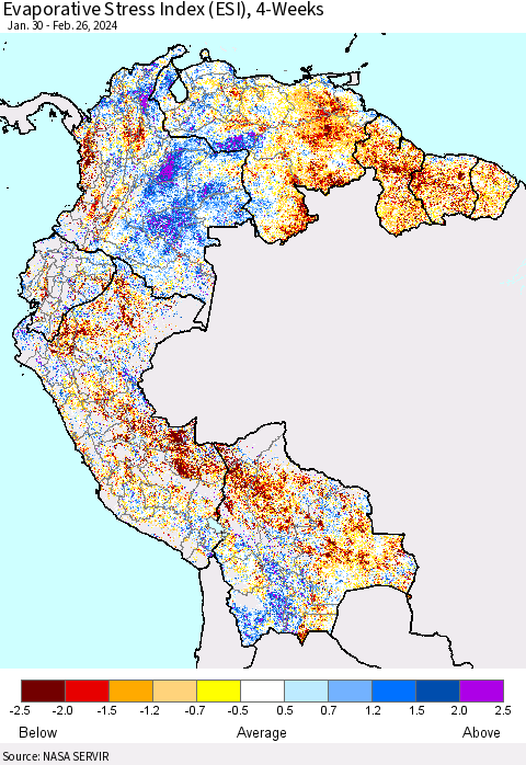 Northern South America Evaporative Stress Index (ESI), 4-Weeks Thematic Map For 2/26/2024 - 3/3/2024