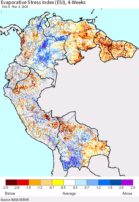 Northern South America Evaporative Stress Index (ESI), 4-Weeks Thematic Map For 3/4/2024 - 3/10/2024