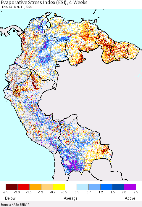 Northern South America Evaporative Stress Index (ESI), 4-Weeks Thematic Map For 3/11/2024 - 3/17/2024