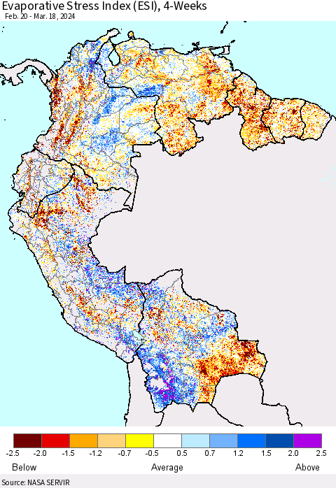 Northern South America Evaporative Stress Index (ESI), 4-Weeks Thematic Map For 3/18/2024 - 3/24/2024