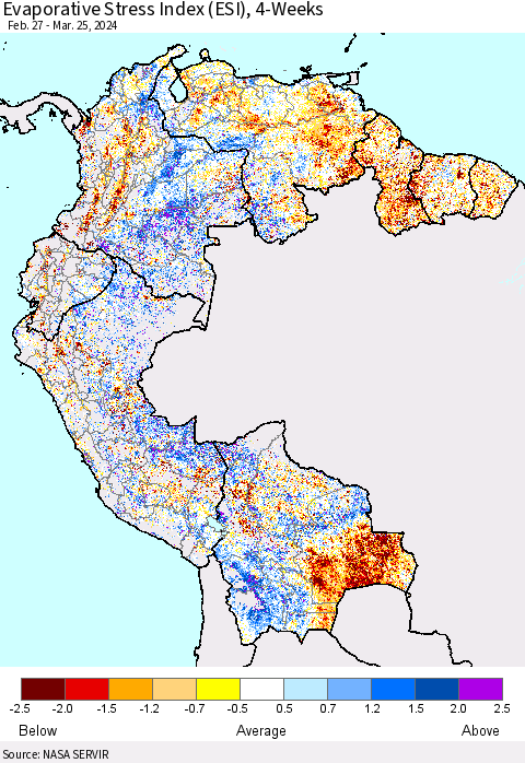 Northern South America Evaporative Stress Index (ESI), 4-Weeks Thematic Map For 3/25/2024 - 3/31/2024