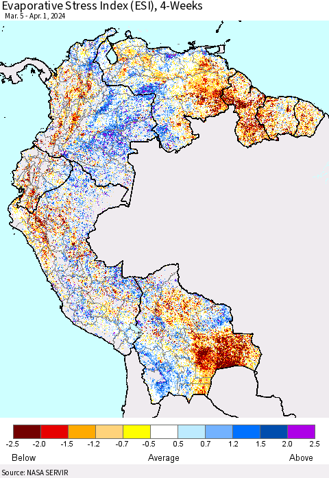 Northern South America Evaporative Stress Index (ESI), 4-Weeks Thematic Map For 4/1/2024 - 4/7/2024