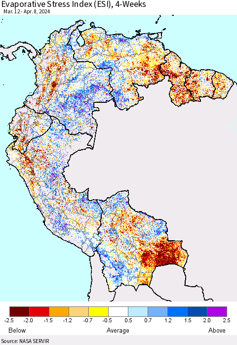 Northern South America Evaporative Stress Index (ESI), 4-Weeks Thematic Map For 4/8/2024 - 4/14/2024