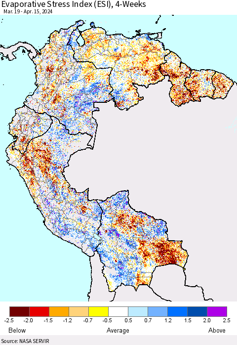 Northern South America Evaporative Stress Index (ESI), 4-Weeks Thematic Map For 4/15/2024 - 4/21/2024