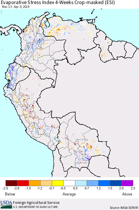 Northern South America Evaporative Stress Index (ESI), 4-Weeks over Croplands Thematic Map For 4/8/2019 - 4/14/2019