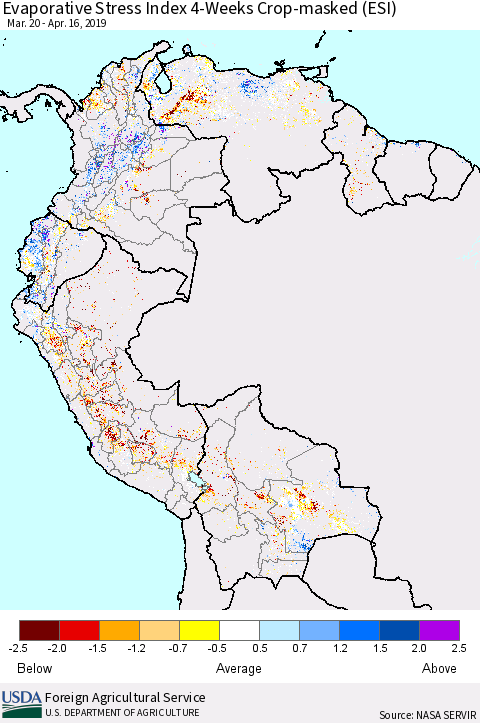 Northern South America Evaporative Stress Index (ESI), 4-Weeks over Croplands Thematic Map For 4/15/2019 - 4/21/2019
