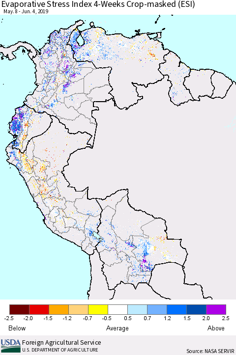 Northern South America Evaporative Stress Index (ESI), 4-Weeks over Croplands Thematic Map For 6/3/2019 - 6/9/2019