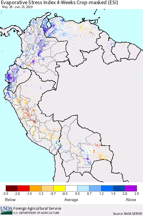 Northern South America Evaporative Stress Index (ESI), 4-Weeks over Croplands Thematic Map For 6/24/2019 - 6/30/2019