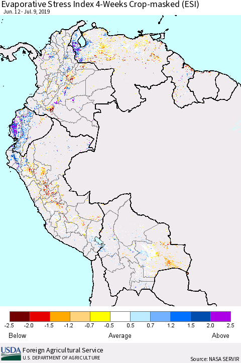 Northern South America Evaporative Stress Index (ESI), 4-Weeks over Croplands Thematic Map For 7/8/2019 - 7/14/2019