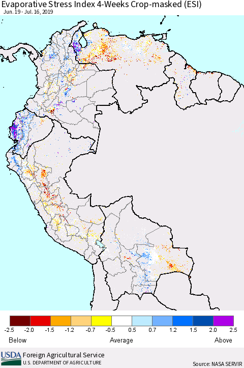 Northern South America Evaporative Stress Index (ESI), 4-Weeks over Croplands Thematic Map For 7/15/2019 - 7/21/2019