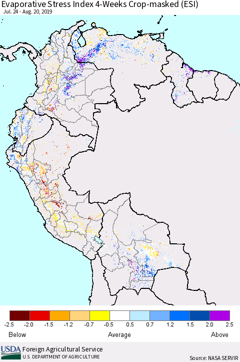 Northern South America Evaporative Stress Index (ESI), 4-Weeks over Croplands Thematic Map For 8/19/2019 - 8/25/2019