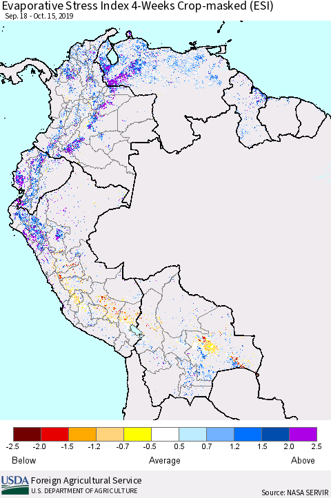 Northern South America Evaporative Stress Index (ESI), 4-Weeks over Croplands Thematic Map For 10/14/2019 - 10/20/2019