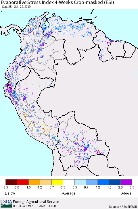 Northern South America Evaporative Stress Index (ESI), 4-Weeks over Croplands Thematic Map For 10/21/2019 - 10/27/2019