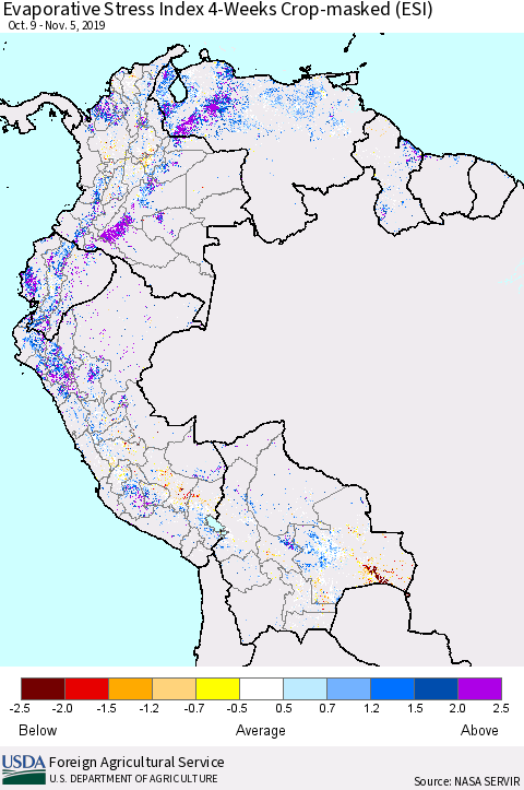 Northern South America Evaporative Stress Index (ESI), 4-Weeks over Croplands Thematic Map For 11/4/2019 - 11/10/2019