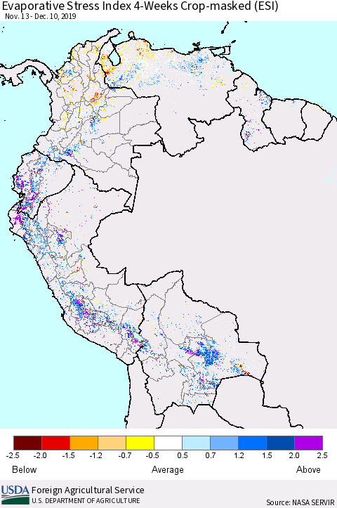 Northern South America Evaporative Stress Index (ESI), 4-Weeks over Croplands Thematic Map For 12/9/2019 - 12/15/2019