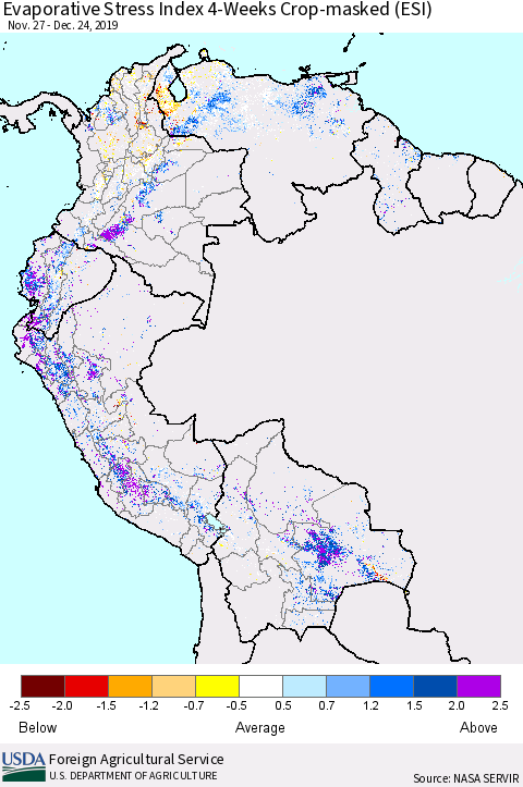 Northern South America Evaporative Stress Index (ESI), 4-Weeks over Croplands Thematic Map For 12/23/2019 - 12/29/2019