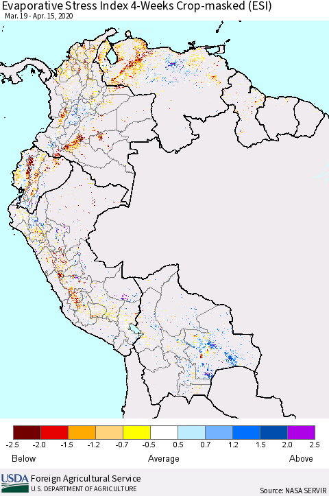 Northern South America Evaporative Stress Index (ESI), 4-Weeks over Croplands Thematic Map For 4/13/2020 - 4/19/2020