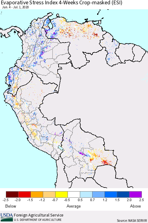 Northern South America Evaporative Stress Index (ESI), 4-Weeks over Croplands Thematic Map For 6/29/2020 - 7/5/2020
