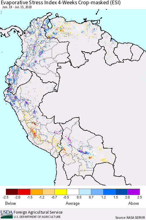 Northern South America Evaporative Stress Index (ESI), 4-Weeks over Croplands Thematic Map For 7/13/2020 - 7/19/2020