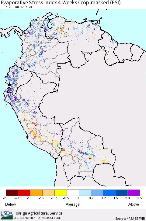 Northern South America Evaporative Stress Index (ESI), 4-Weeks over Croplands Thematic Map For 7/20/2020 - 7/26/2020