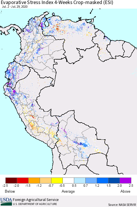 Northern South America Evaporative Stress Index (ESI), 4-Weeks over Croplands Thematic Map For 7/27/2020 - 8/2/2020