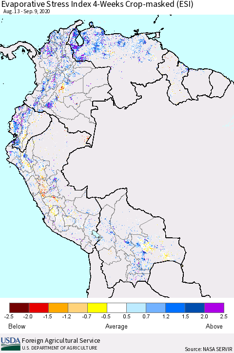 Northern South America Evaporative Stress Index (ESI), 4-Weeks over Croplands Thematic Map For 9/7/2020 - 9/13/2020