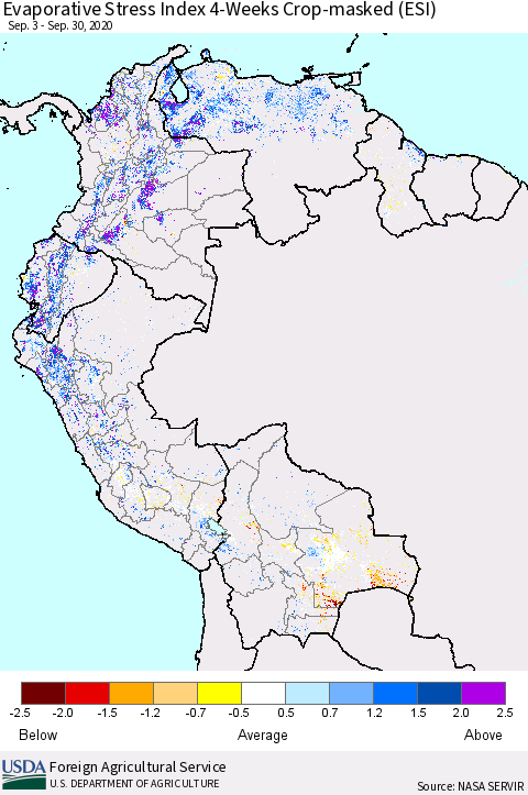Northern South America Evaporative Stress Index (ESI), 4-Weeks over Croplands Thematic Map For 9/28/2020 - 10/4/2020