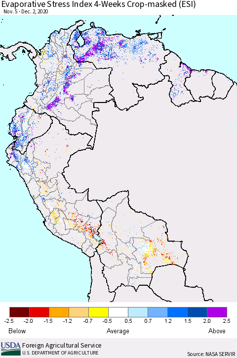 Northern South America Evaporative Stress Index (ESI), 4-Weeks over Croplands Thematic Map For 11/30/2020 - 12/6/2020
