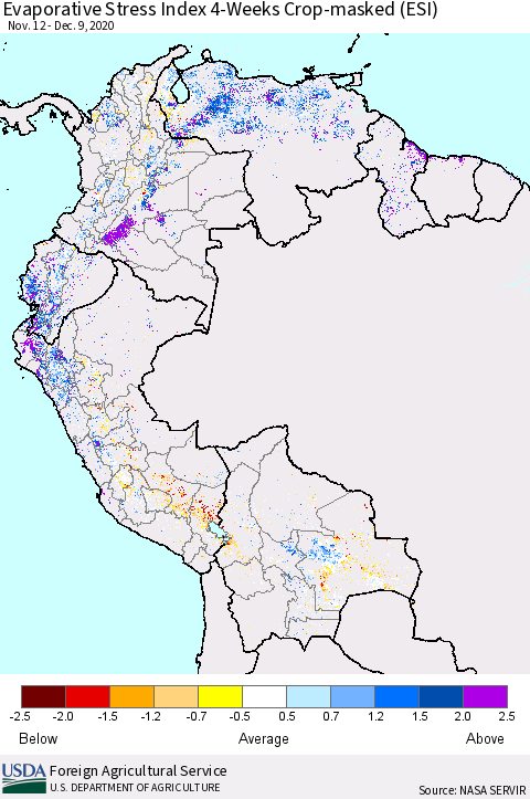 Northern South America Evaporative Stress Index (ESI), 4-Weeks over Croplands Thematic Map For 12/7/2020 - 12/13/2020