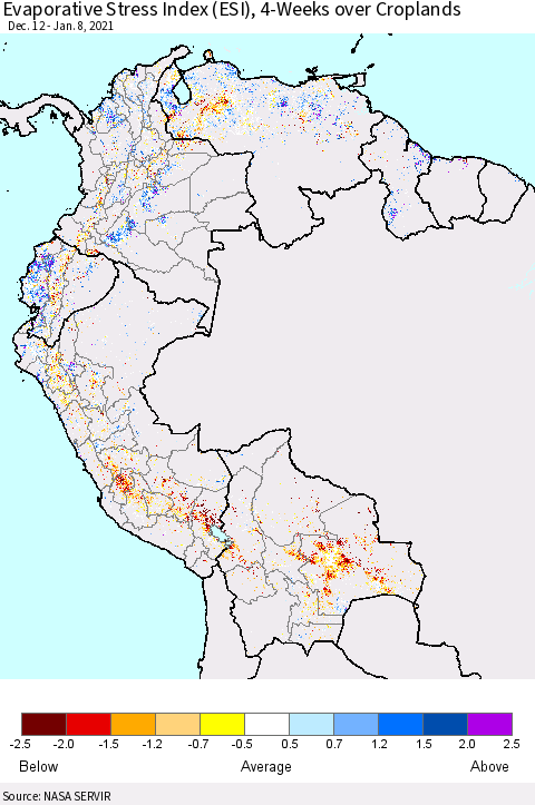 Northern South America Evaporative Stress Index (ESI), 4-Weeks over Croplands Thematic Map For 1/4/2021 - 1/10/2021