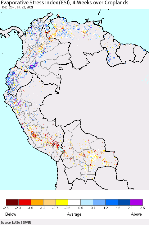 Northern South America Evaporative Stress Index (ESI), 4-Weeks over Croplands Thematic Map For 1/18/2021 - 1/24/2021