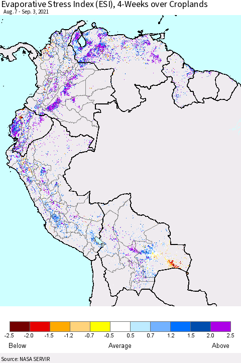 Northern South America Evaporative Stress Index (ESI), 4-Weeks over Croplands Thematic Map For 8/30/2021 - 9/5/2021