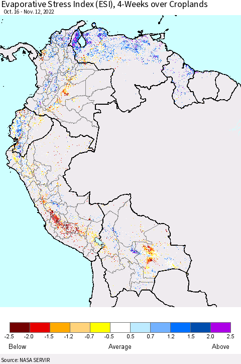 Northern South America Evaporative Stress Index (ESI), 4-Weeks over Croplands Thematic Map For 11/7/2022 - 11/13/2022