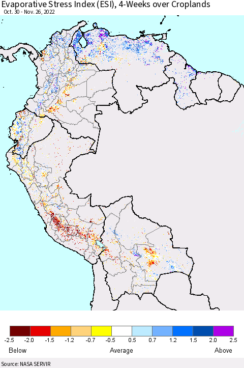 Northern South America Evaporative Stress Index (ESI), 4-Weeks over Croplands Thematic Map For 11/21/2022 - 11/27/2022