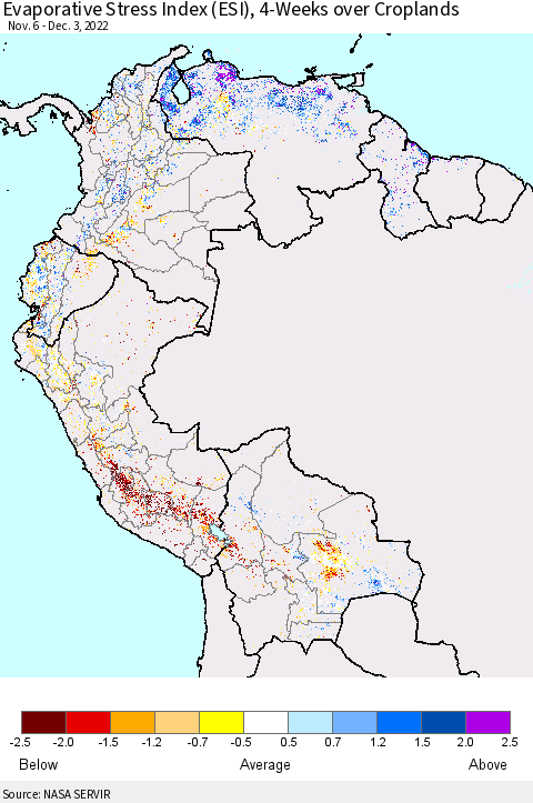 Northern South America Evaporative Stress Index (ESI), 4-Weeks over Croplands Thematic Map For 11/28/2022 - 12/4/2022