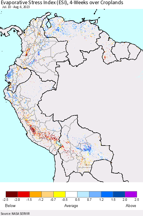 Northern South America Evaporative Stress Index (ESI), 4-Weeks over Croplands Thematic Map For 7/31/2023 - 8/6/2023