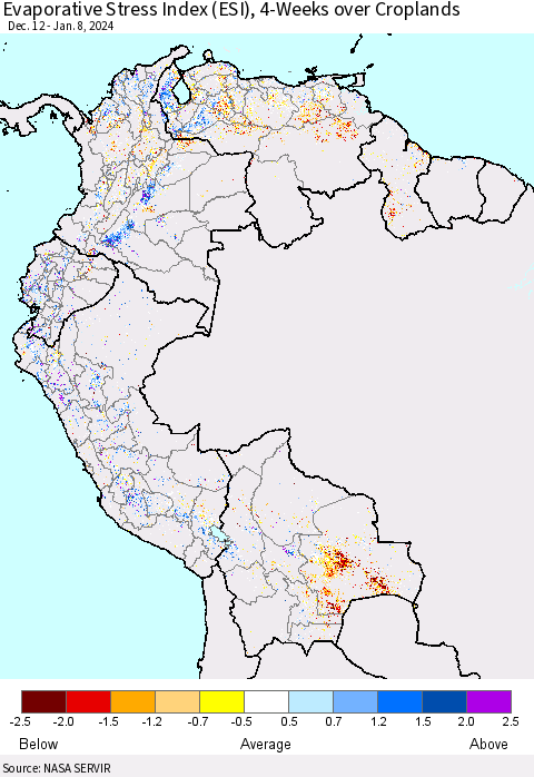 Northern South America Evaporative Stress Index (ESI), 4-Weeks over Croplands Thematic Map For 1/8/2024 - 1/14/2024