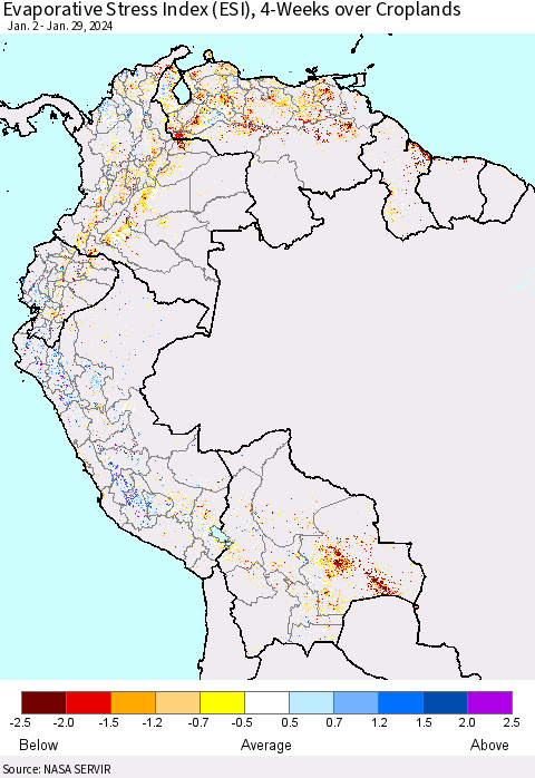 Northern South America Evaporative Stress Index (ESI), 4-Weeks over Croplands Thematic Map For 1/29/2024 - 2/4/2024