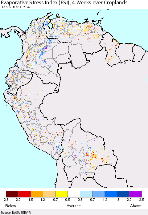 Northern South America Evaporative Stress Index (ESI), 4-Weeks over Croplands Thematic Map For 3/4/2024 - 3/10/2024