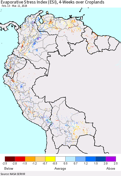 Northern South America Evaporative Stress Index (ESI), 4-Weeks over Croplands Thematic Map For 3/11/2024 - 3/17/2024