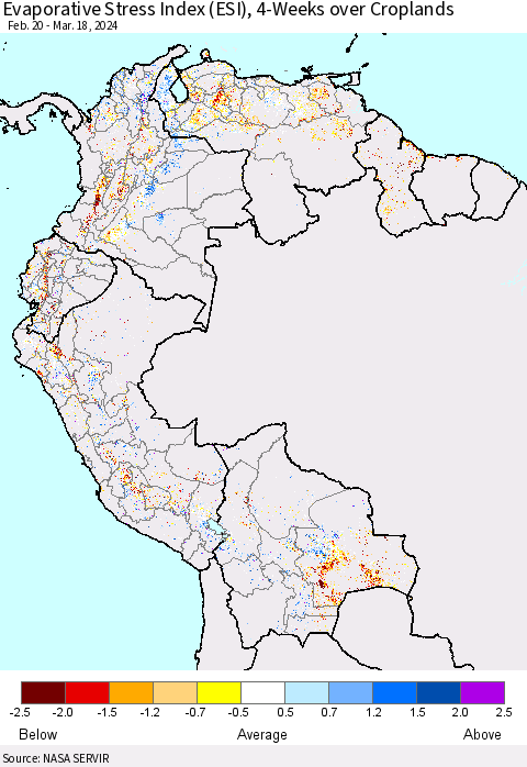 Northern South America Evaporative Stress Index (ESI), 4-Weeks over Croplands Thematic Map For 3/18/2024 - 3/24/2024
