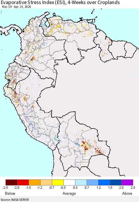 Northern South America Evaporative Stress Index (ESI), 4-Weeks over Croplands Thematic Map For 4/15/2024 - 4/21/2024