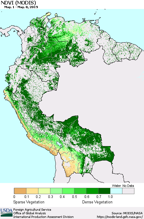Northern South America NDVI (Terra-MODIS) Thematic Map For 5/1/2019 - 5/10/2019