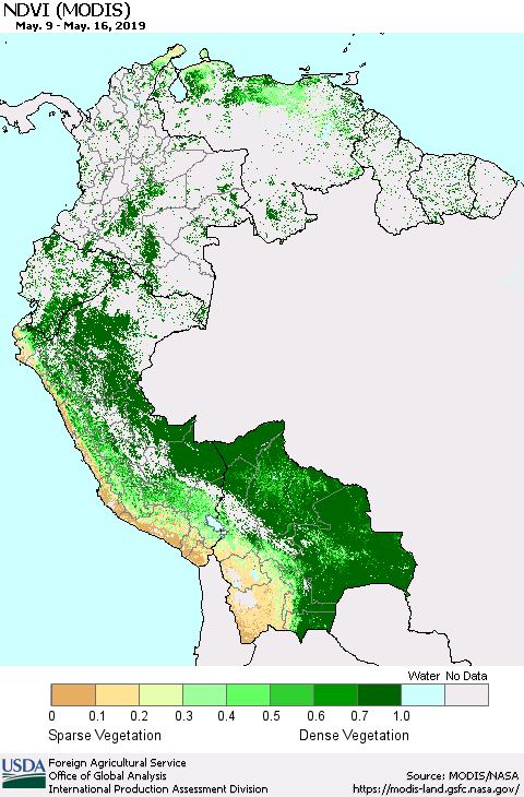 Northern South America NDVI (Terra-MODIS) Thematic Map For 5/11/2019 - 5/20/2019
