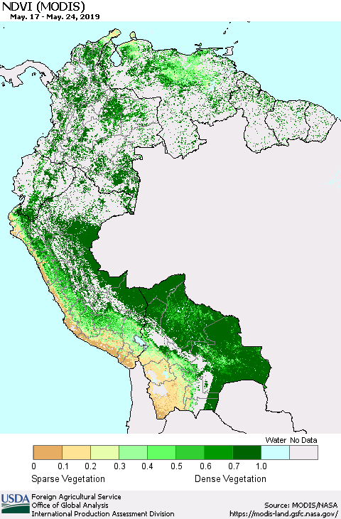 Northern South America NDVI (Terra-MODIS) Thematic Map For 5/21/2019 - 5/31/2019