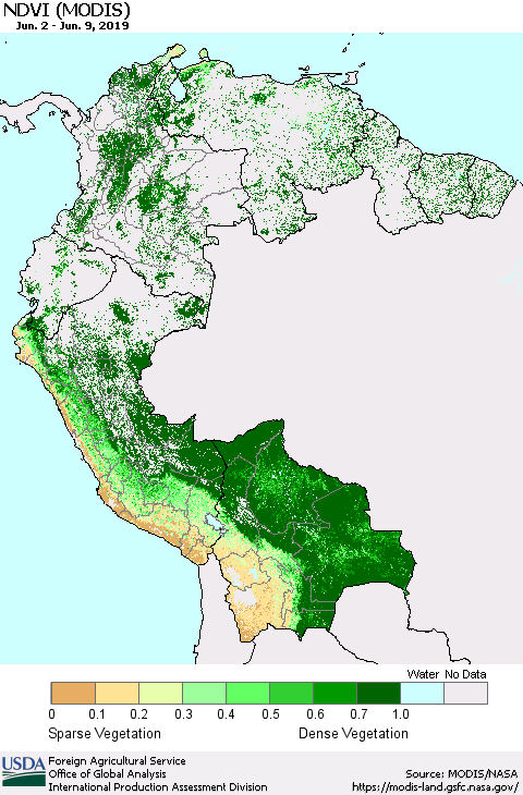 Northern South America NDVI (Terra-MODIS) Thematic Map For 6/1/2019 - 6/10/2019